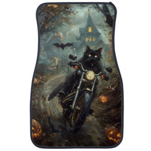 Black Cat Riding Motorcycle Halloween Scary Car Floor Mat