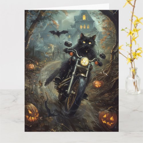Black Cat Riding Motorcycle Halloween Scary Card