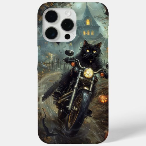 Black Cat Riding Motorcycle Halloween Scary iPhone 15 Pro Max Case