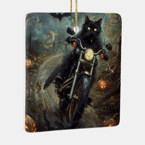 Black Cat Riding Motorcycle Halloween Scary Ceramic Ornament