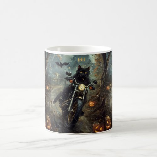 Black Cat Riding Motorcycle Halloween Scary Coffee Mug