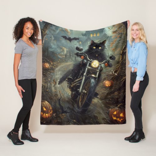 Black Cat Riding Motorcycle Halloween Scary Fleece Blanket