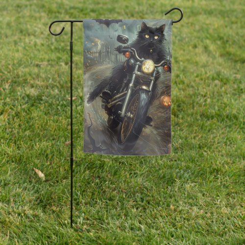 Black Cat Riding Motorcycle Halloween Scary Garden Flag