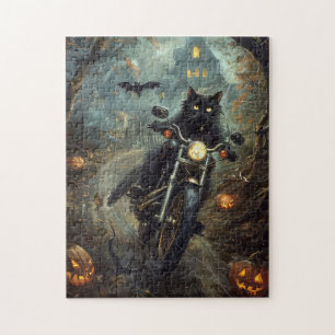 Black Cat Riding Motorcycle Halloween Scary Jigsaw Puzzle