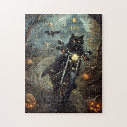 Black Cat Riding Motorcycle Halloween Scary Jigsaw Puzzle