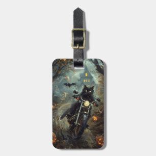Black Cat Riding Motorcycle Halloween Scary Luggage Tag