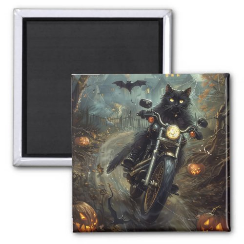 Black Cat Riding Motorcycle Halloween Scary Magnet