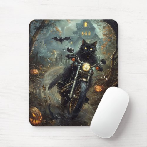Black Cat Riding Motorcycle Halloween Scary Mouse Pad