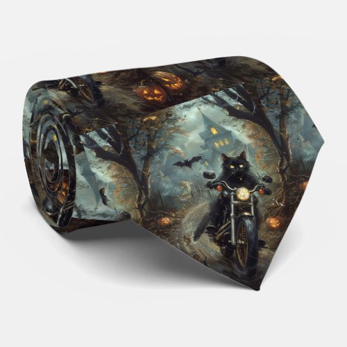 Black Cat Riding Motorcycle Halloween Scary Neck Tie