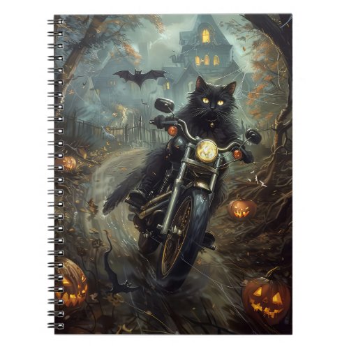 Black Cat Riding Motorcycle Halloween Scary Notebook