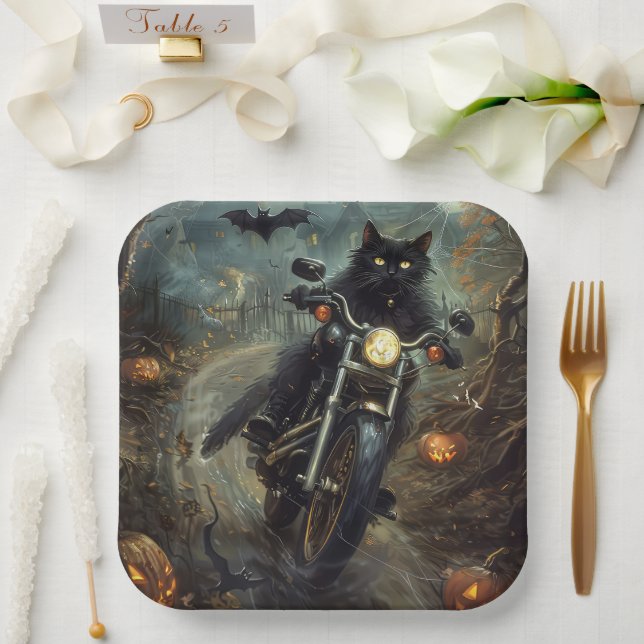 Black Cat Riding Motorcycle Halloween Scary Paper Plates (Wedding)
