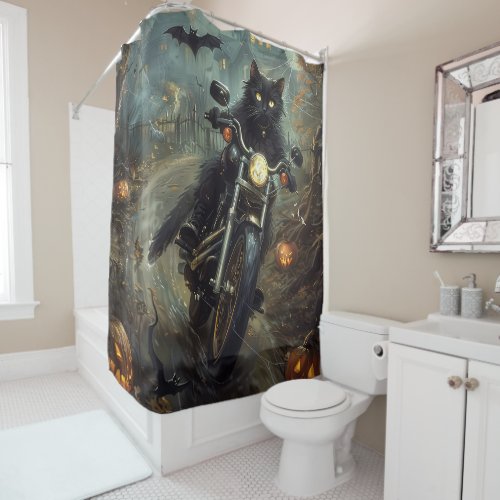 Black Cat Riding Motorcycle Halloween Scary Shower Curtain