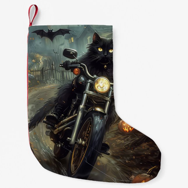 Black Cat Riding Motorcycle Halloween Scary Small Christmas Stocking (Front)