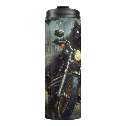 Black Cat Riding Motorcycle Halloween Scary Thermal Tumbler