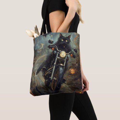 Black Cat Riding Motorcycle Halloween Scary Tote Bag