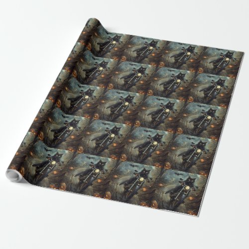 Black Cat Riding Motorcycle Halloween Scary Wrapping Paper