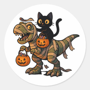 Black Cat Riding Mummy T-Rex – Cute Halloween Dino Classic Round Sticker