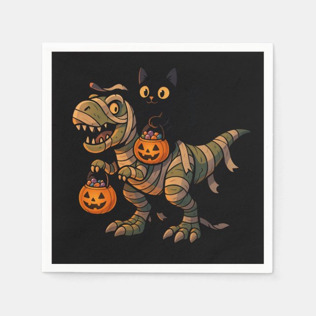 Black Cat Riding Mummy T-Rex – Cute Halloween Dino Napkins (Front)