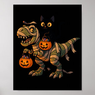 Black Cat Riding Mummy T-Rex – Cute Halloween Dino Poster