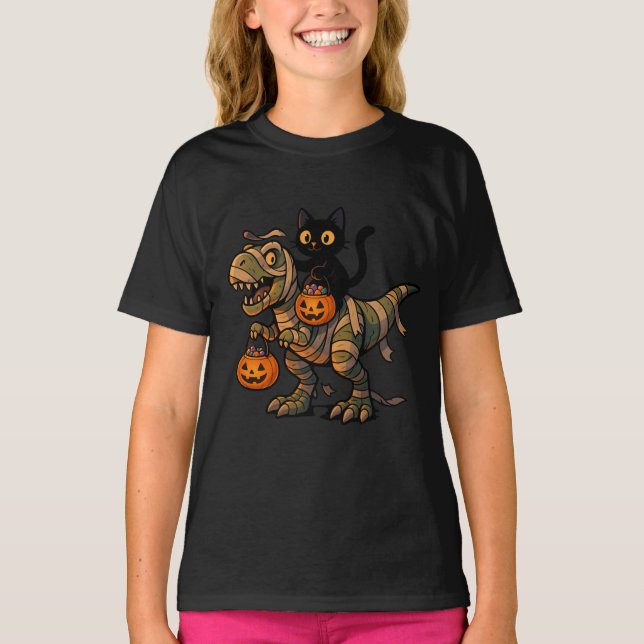 Black Cat Riding Mummy T-Rex – Cute Halloween Dino T-Shirt (Front)