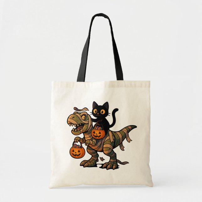 Black Cat Riding Mummy T-Rex – Cute Halloween Dino Tote Bag (Front)