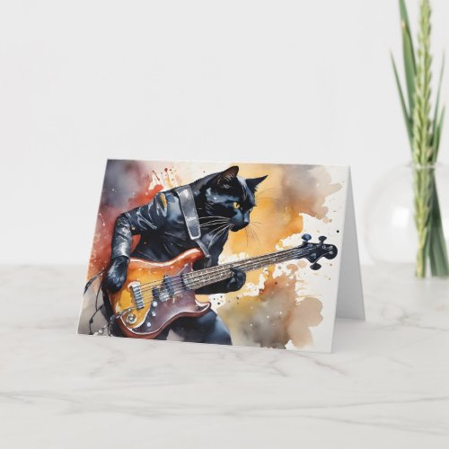 Black Cat Rock Star Leather Jacket Playing Guitar  Card