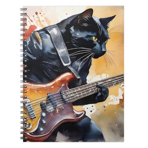 Black Cat Rock Star Leather Jacket Playing Guitar  Notebook