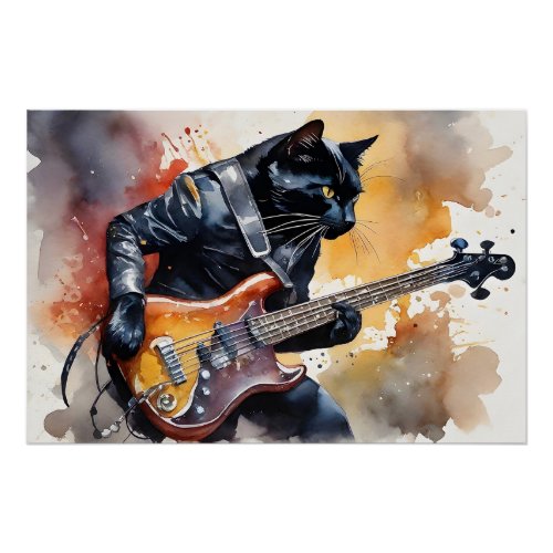 Black Cat Rock Star Leather Jacket Playing Guitar  Poster