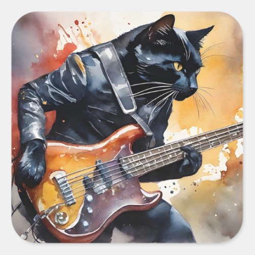 Black Cat Rock Star Leather Jacket Playing Guitar  Square Sticker