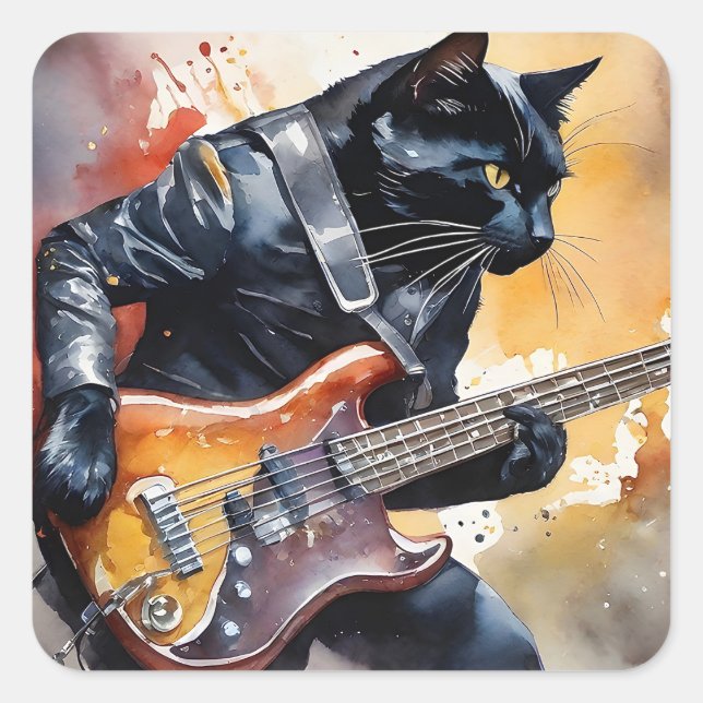 Black Cat Rock Star Leather Jacket Playing Guitar  Square Sticker (Front)