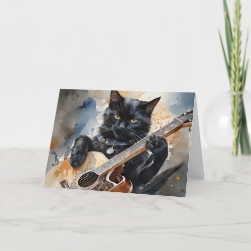 Black Cat Rock Star Playing Acoustic Guitar Blank Card