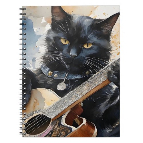 Black Cat Rock Star Playing Acoustic Guitar  Notebook
