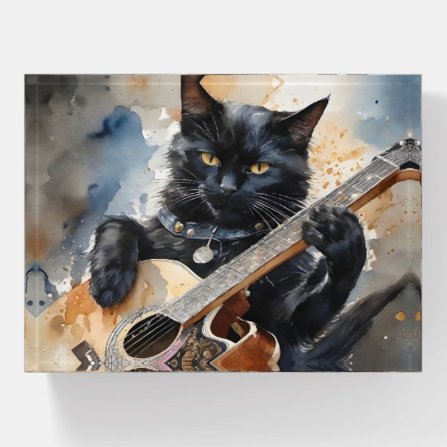 Black Cat Rock Star Playing Acoustic Guitar  Paperweight (Front)
