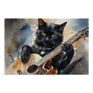 Black Cat Rock Star Playing Acoustic Guitar  Poster