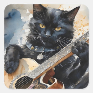Black Cat Rock Star Playing Acoustic Guitar  Square Sticker
