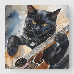 Black Cat Rock Star Playing Acoustic Guitar  Square Wall Clock