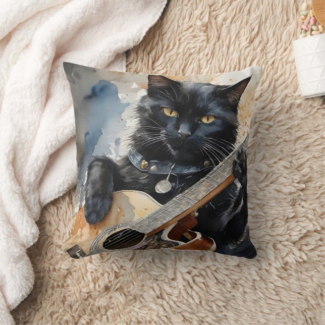 Black Cat Rock Star Playing Acoustic Guitar Throw Pillow (Blanket)