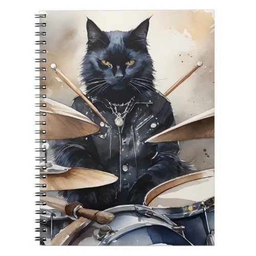 Black Cat Rock Star Playing Drums Leather Jacket  Notebook