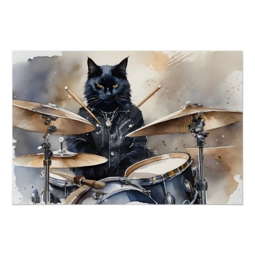 Black Cat Rock Star Playing Drums Leather Jacket  Poster