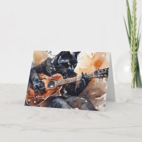 Black Cat Rock Star Playing Guitar Leather Jacket  Card