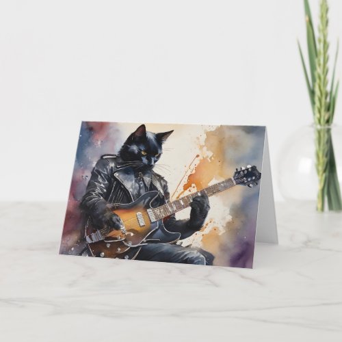 Black Cat Rock Star Playing Guitar Leather Jacket  Card