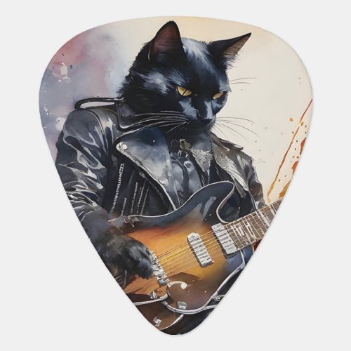 Black Cat Rock Star Playing Guitar Leather Jacket  Guitar Pick