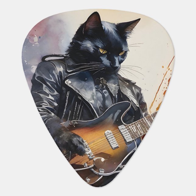 Black Cat Rock Star Playing Guitar Leather Jacket  Guitar Pick (Front)