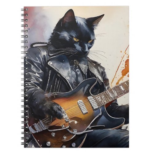Black Cat Rock Star Playing Guitar Leather Jacket  Notebook