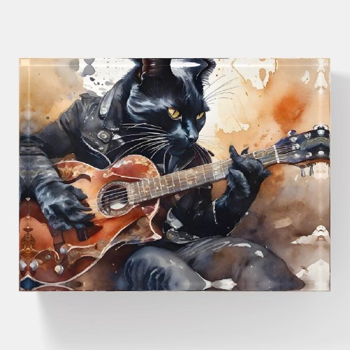 Black Cat Rock Star Playing Guitar Leather Jacket  Paperweight