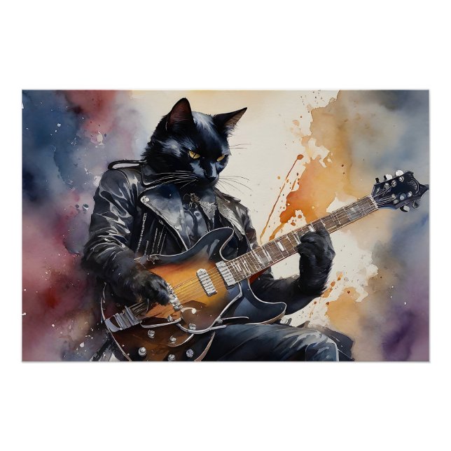 Black Cat Rock Star Playing Guitar Leather Jacket  Poster (Front)