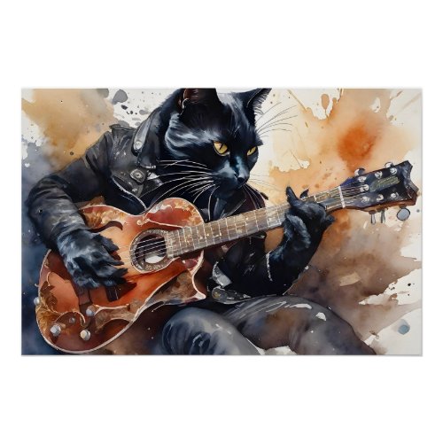 Black Cat Rock Star Playing Guitar Leather Jacket  Poster