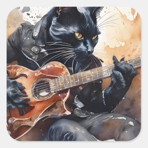 Black Cat Rock Star Playing Guitar Leather Jacket  Square Sticker