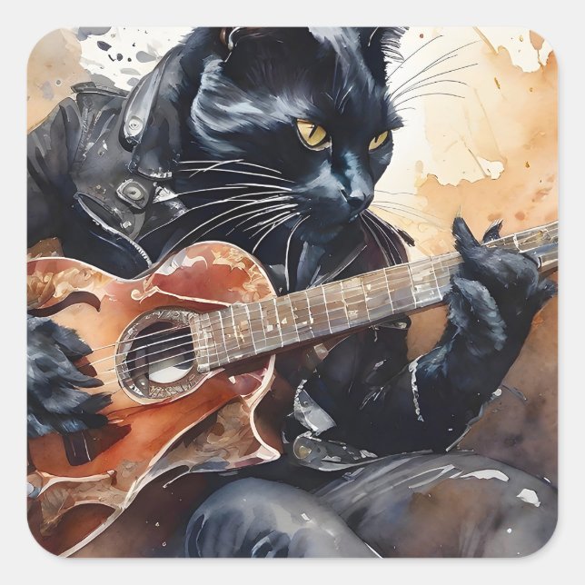 Black Cat Rock Star Playing Guitar Leather Jacket  Square Sticker (Front)