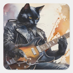 Black Cat Rock Star Playing Guitar Leather Jacket  Square Sticker